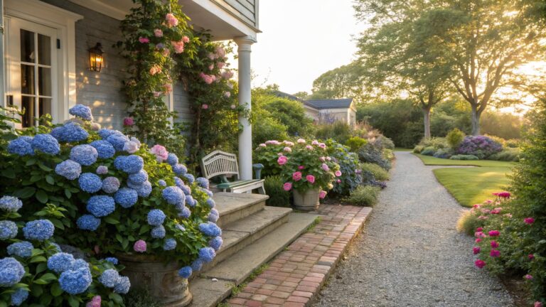 Brick house facade with blue hydrangea vines climbing over a green wooden door, pink roses in terracotta pots beside a wrought-iron bench, and a gravel path edged by spherical boxwoods leading through the garden.