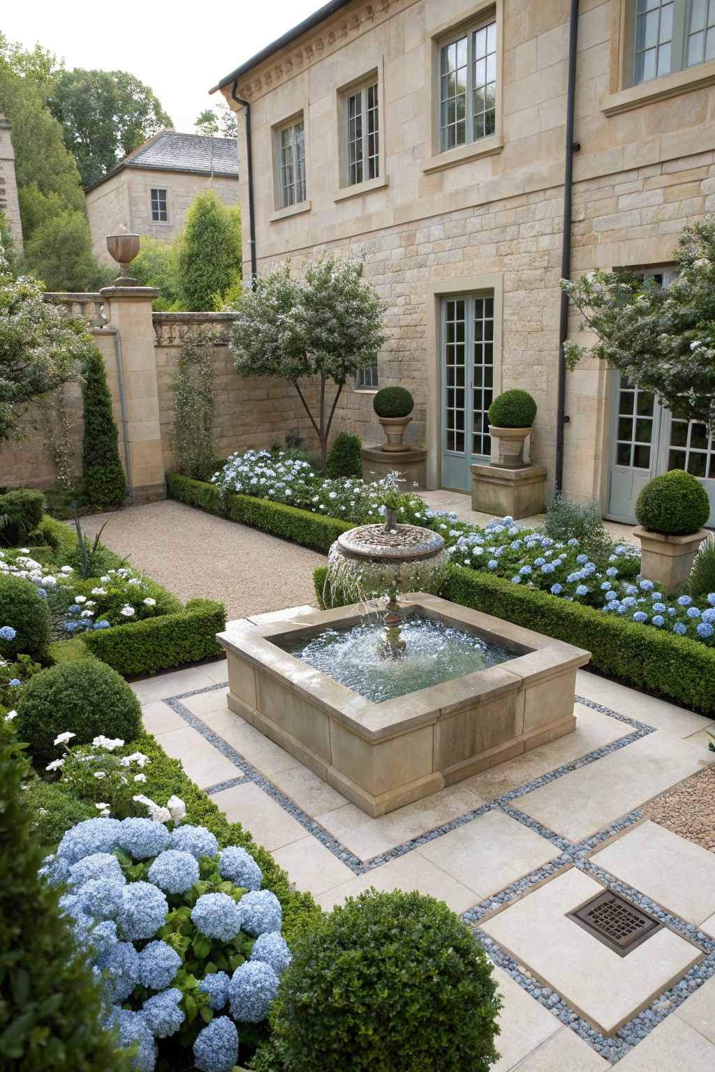 Overhead view of a formal courtyard garden with a square stone fountain at center, surrounded by boxwood hedges, blue hydrangea plantings, gravel paths, and beige stone house walls.