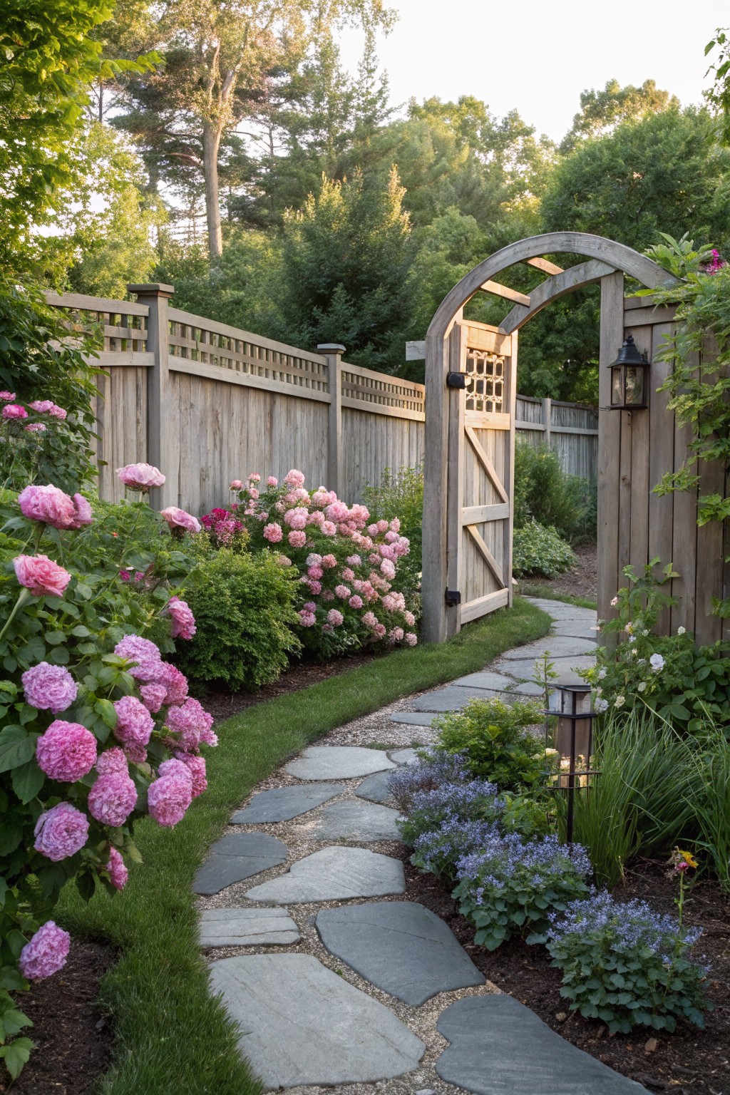Wooden arched gate in a cedar fence opens onto a curving flagstone path bordered by large pink hydrangea bushes, roses, and other plants amid green foliage.