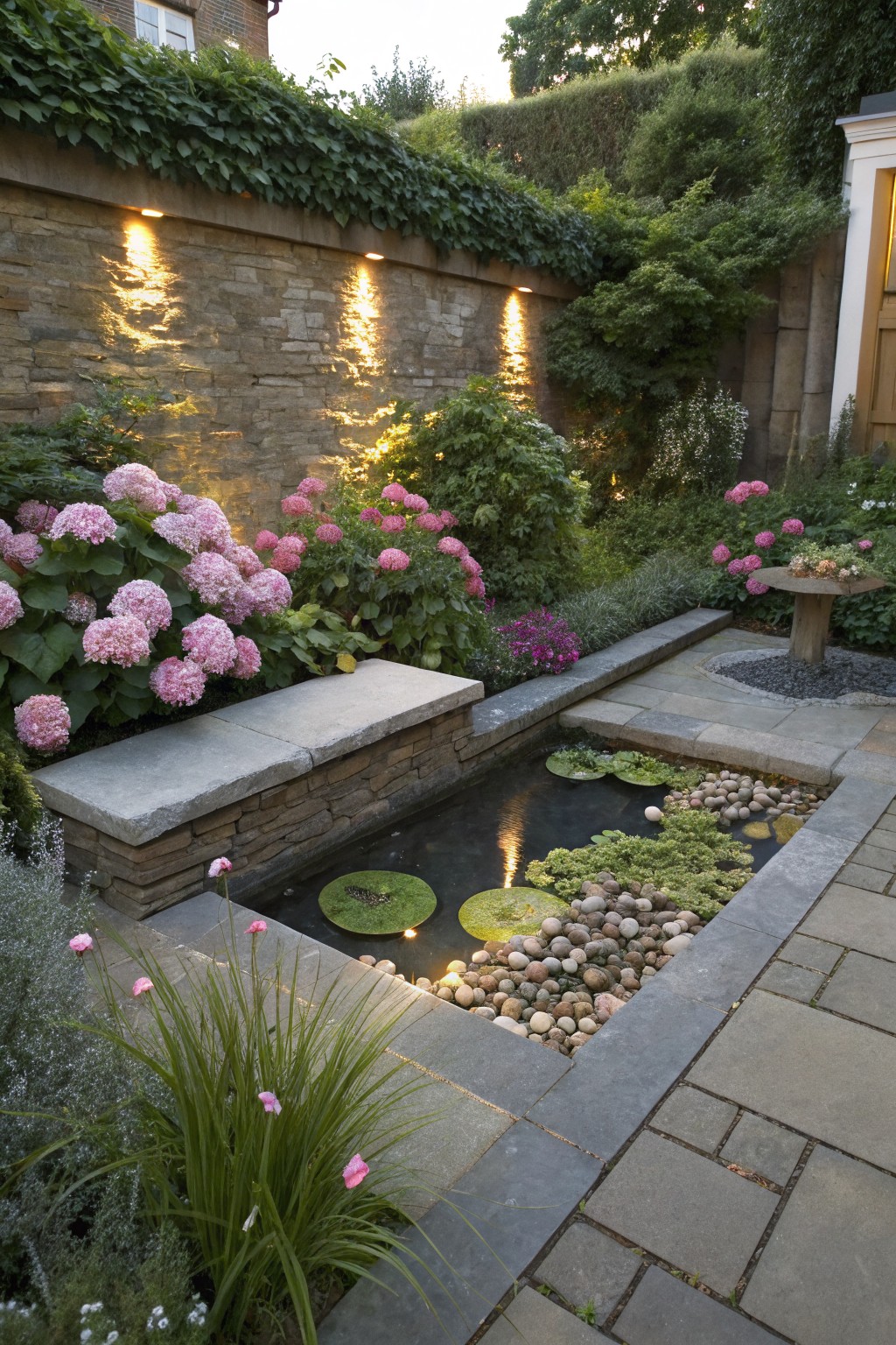 A backyard garden with a rectangular stone-lined pond containing water lilies and pebbles, surrounded by large pink hydrangea bushes, a stone bench along one edge, gravel paths, green plants, and lit stone walls.