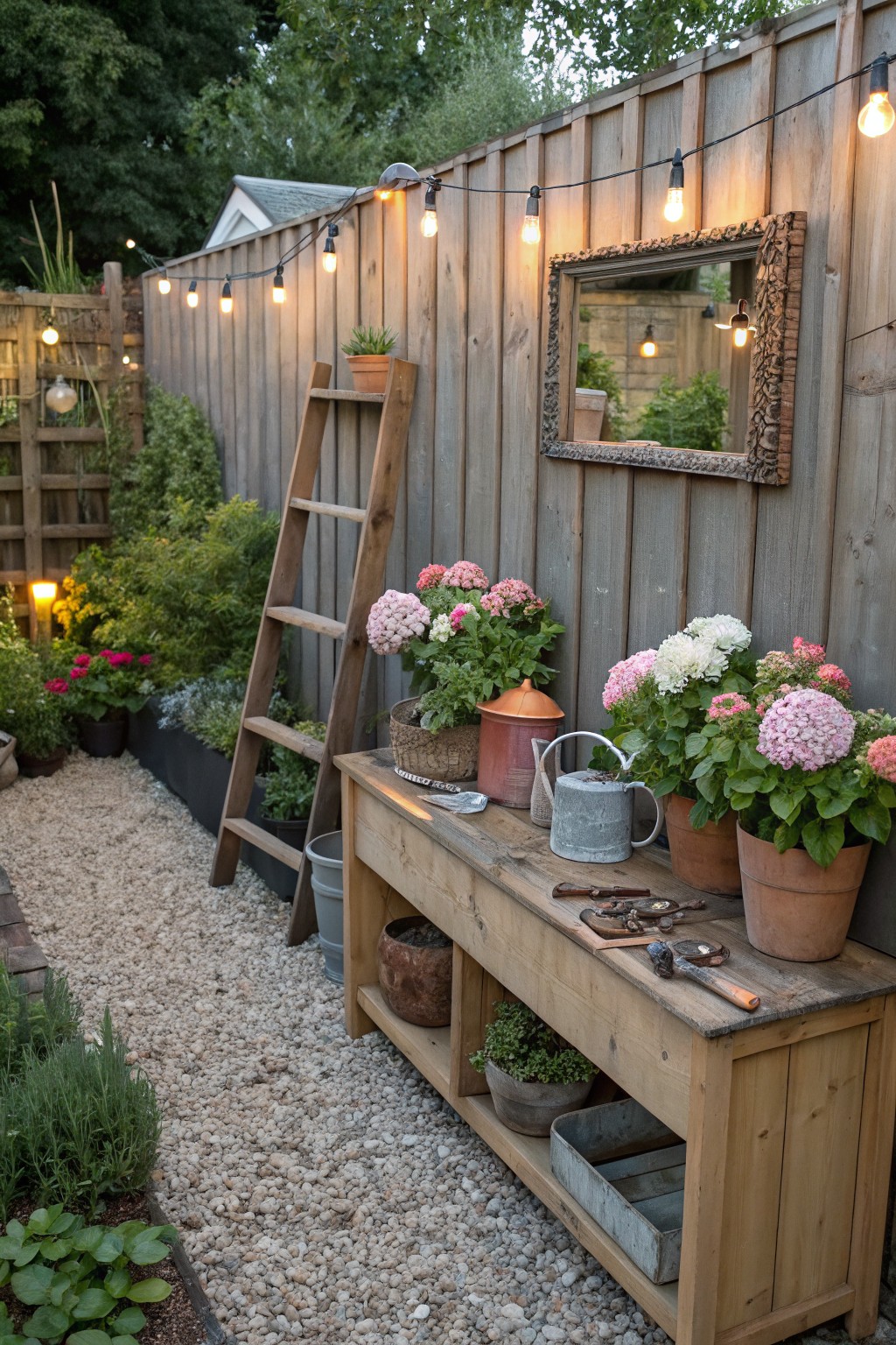 Rustic wooden potting bench against a gray fence in a garden, topped with potted pink and white hydrangeas, copper watering cans, metal tools, and terracotta pots, beside a ladder shelf, with string lights strung above and a gravel path nearby.