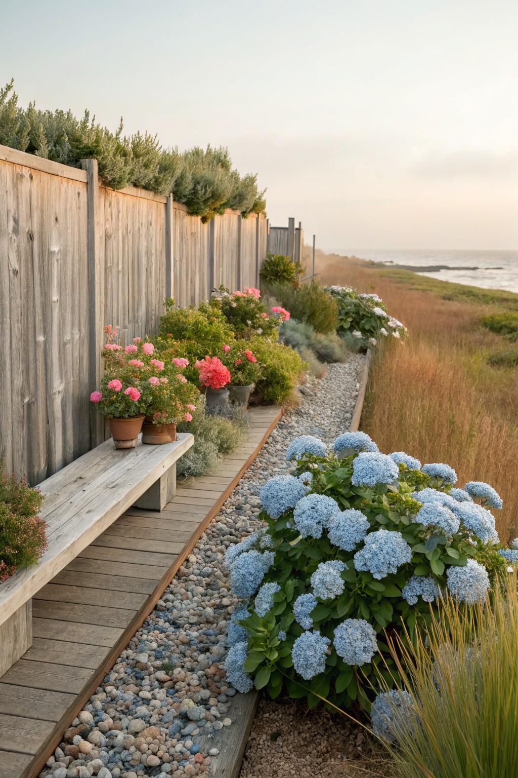 Narrow gravel path edged by wooden boards along a weathered wooden fence, lined with potted pink roses, blue hydrangea bushes, and grasses, with a wooden bench nearby and ocean dunes in the background at sunset.
