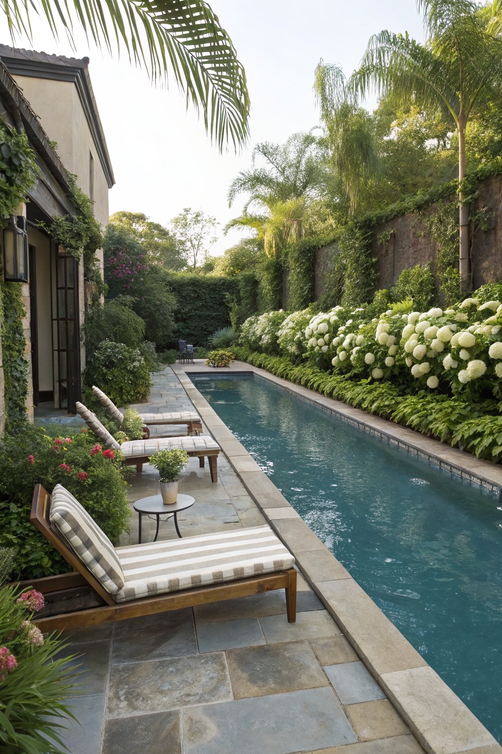 Narrow turquoise lap pool with white hydrangea bushes lining one long side, wooden chaise lounges and potted plants on the other side, stone paving deck, tropical palms and vines on stone walls beside an open stucco house exterior.
