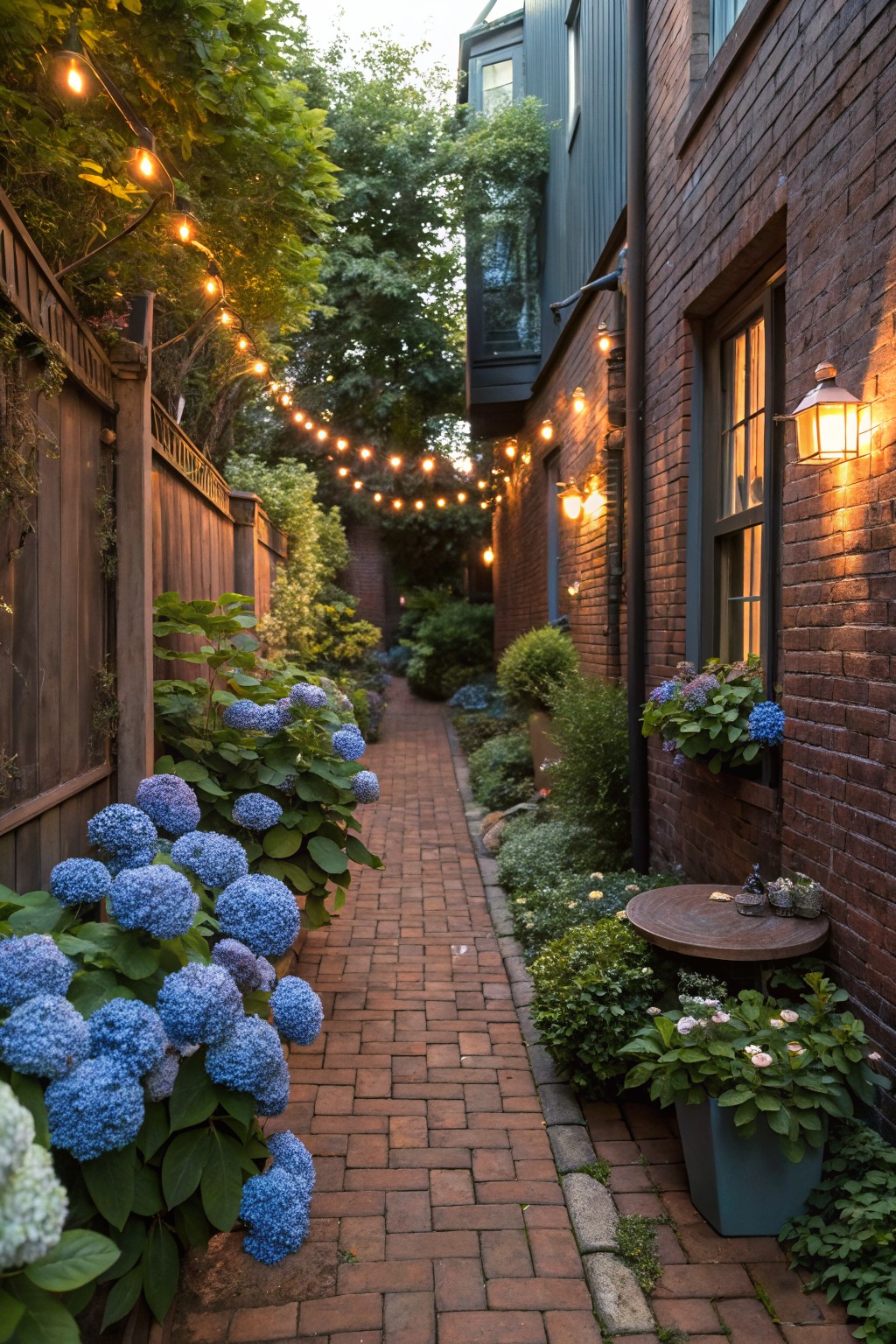 Narrow brick pathway bordered by large blue hydrangea bushes along a wooden fence and brick wall, with string lights overhead, lanterns on the wall, and a small round table with plants near the end.