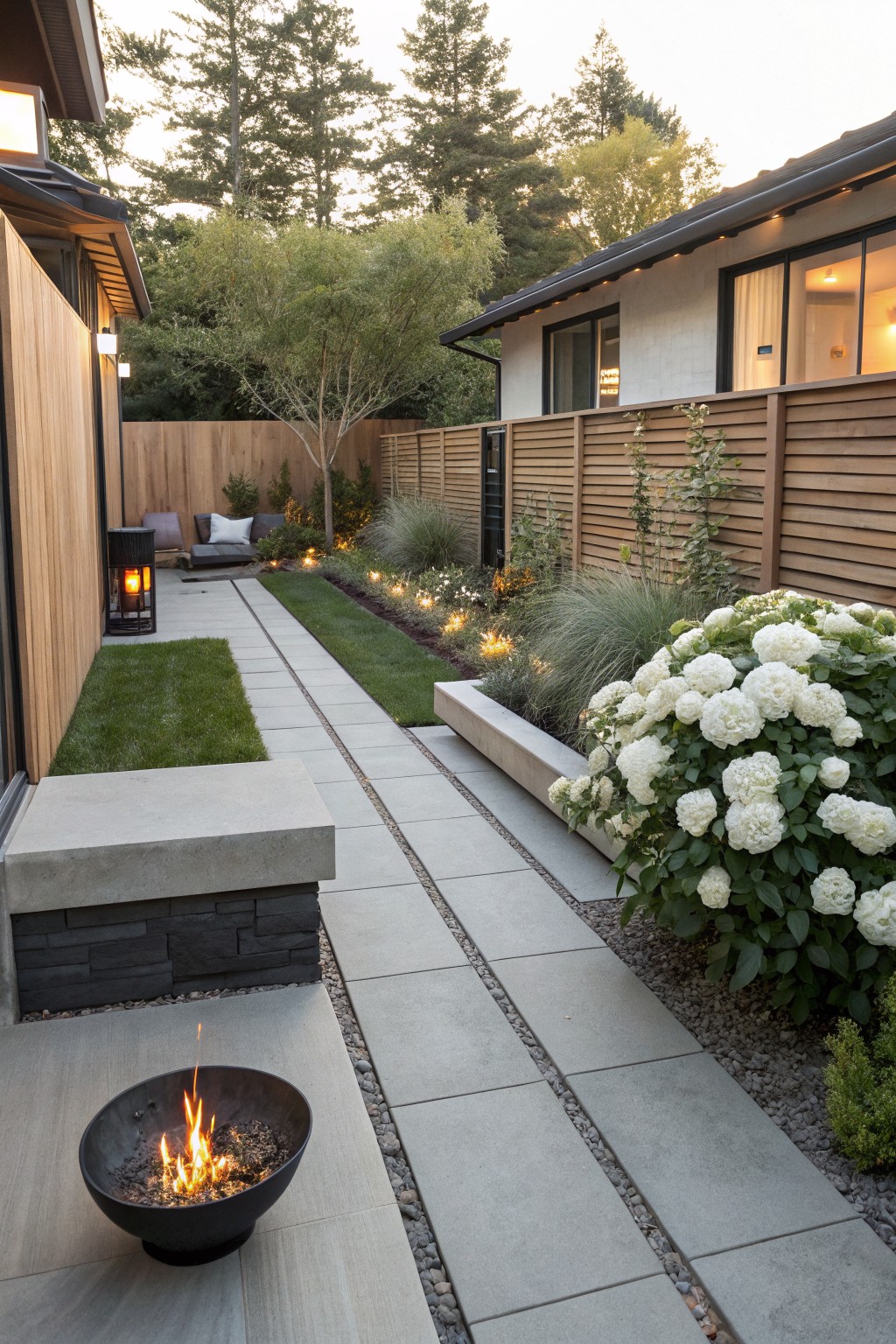 Narrow concrete pathway in a side yard lined with white hydrangea shrubs, ornamental grasses, gravel borders, and low lighting, with wooden fences, modern house walls, a fire pit, and outdoor seating visible.
