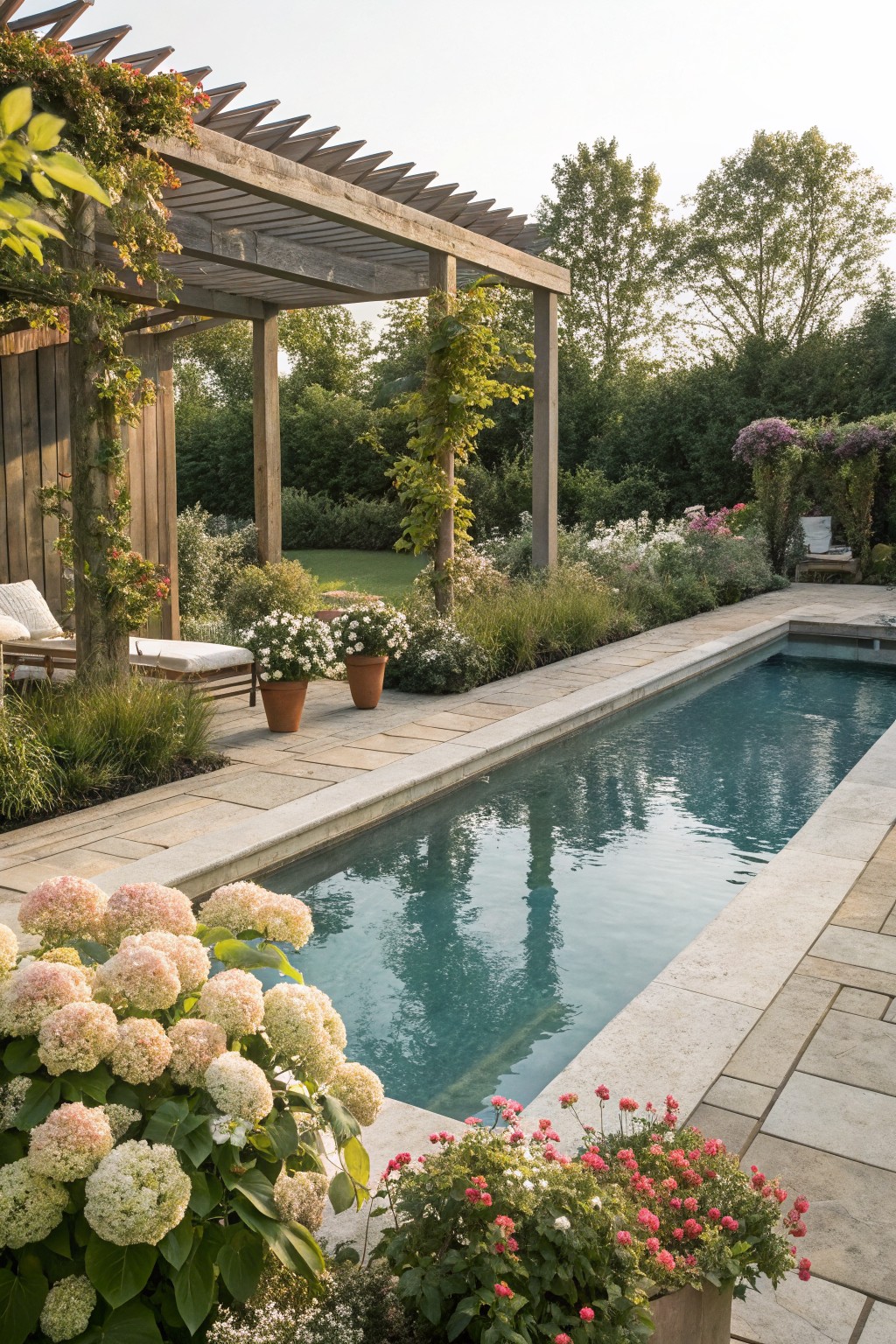 Narrow rectangular pool with turquoise water and stone edging, bordered by lush planting beds of pink hydrangeas, red roses, white flowers in terracotta pots, grasses, lounge chairs, vine-covered wooden pergola, and trees in the background.