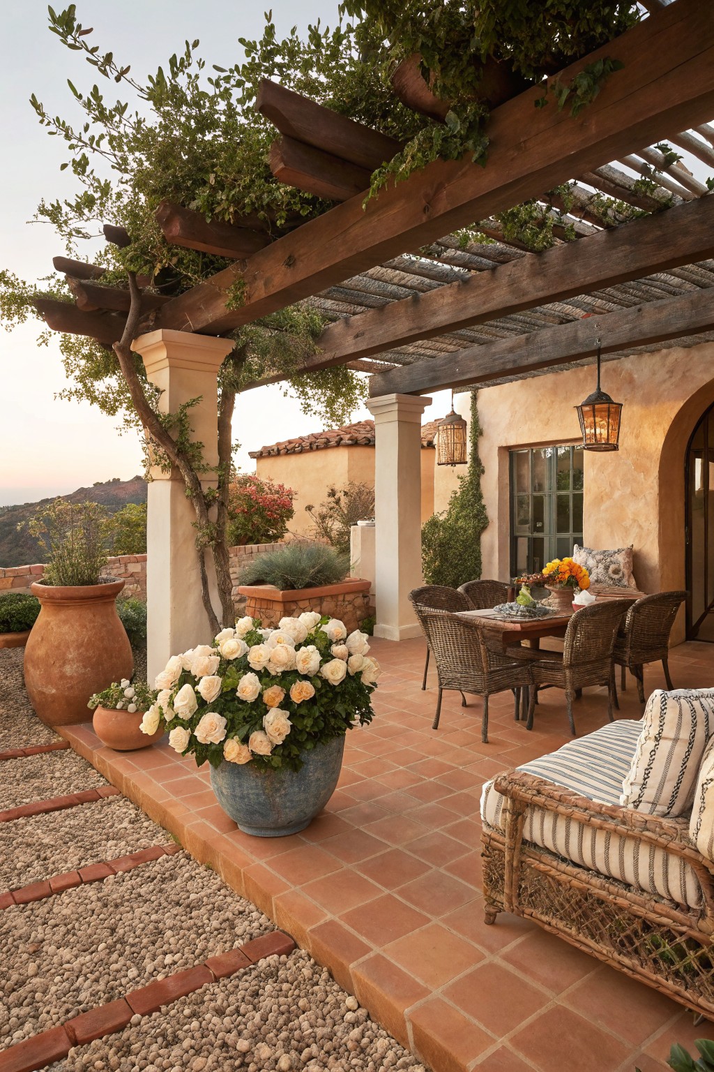 Outdoor patio under a wooden pergola covered in vines, with large terracotta and blue pots of white roses near a wicker dining table and chairs, a sofa, terracotta tile floor, stucco wall, and hillside view at sunset.