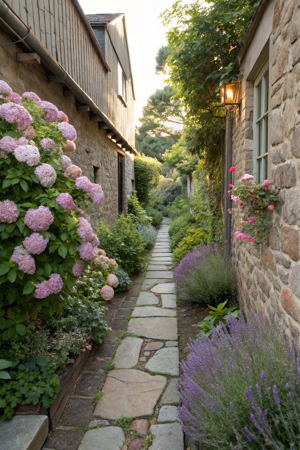 Narrow stone pathway between weathered stone walls, lined with large pink hydrangea bushes, purple lavender plants, and pink rose clusters in pots on the wall, with greenery and a wall lantern.