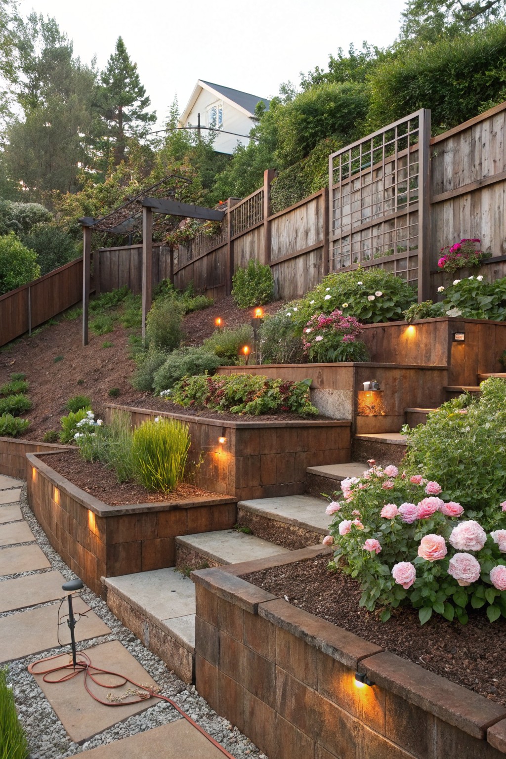 Sloped backyard with multi-level wooden terraced planters filled with pink roses, white flowers, grasses, and shrubs, integrated concrete steps, pathway lights, a stone path, and surrounding fences and trees.
