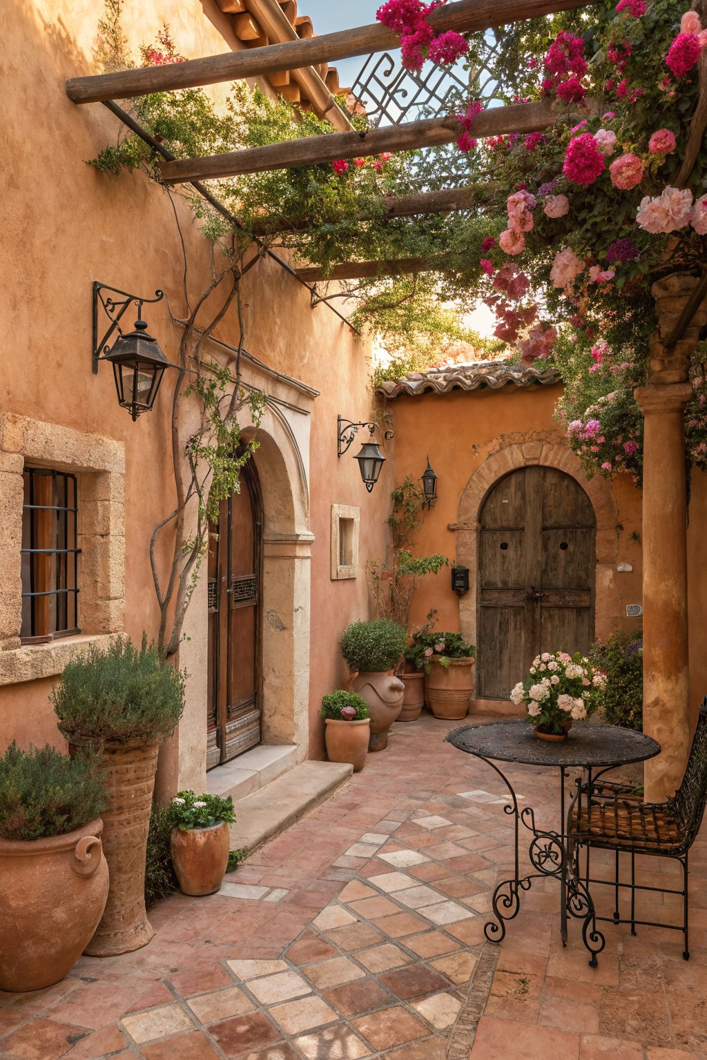 Terracotta-walled courtyard with wooden pergola covered in pink bougainvillea and climbing roses, potted plants, arched wooden doors, lanterns, and a small black metal round table with chair on terracotta tile floor.
