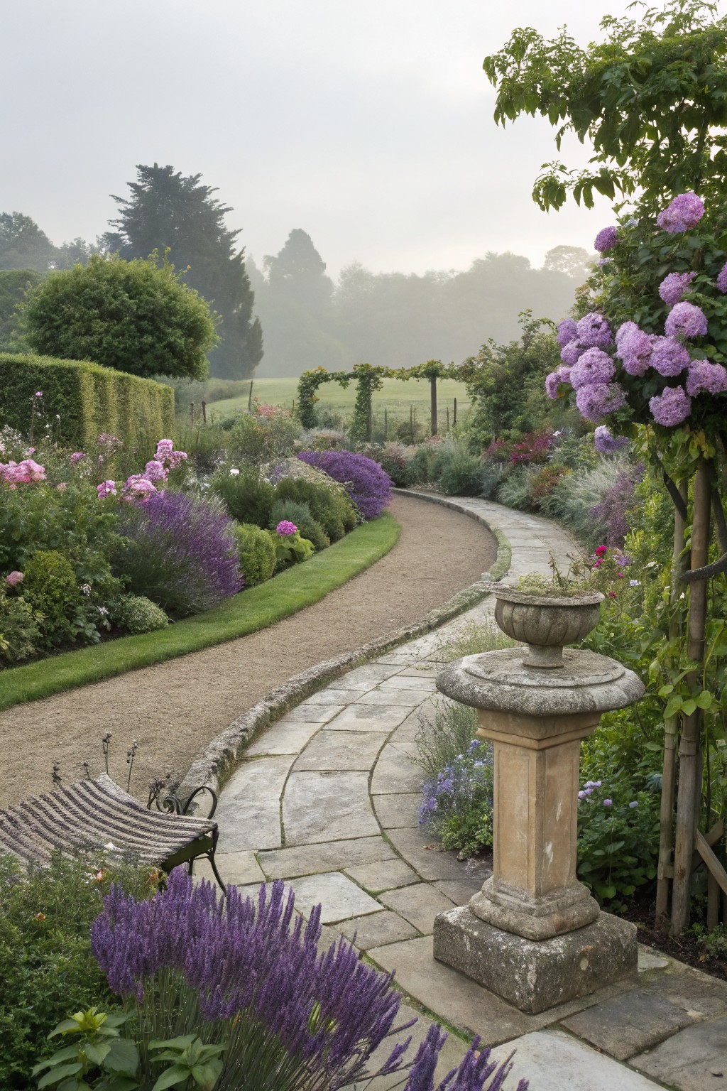 A curving gravel path winds through garden beds planted with pink hydrangeas, roses, lavender, and other perennials, flanked by a wooden bench, stone urn, and climbing plants on an arch in a misty landscape.
