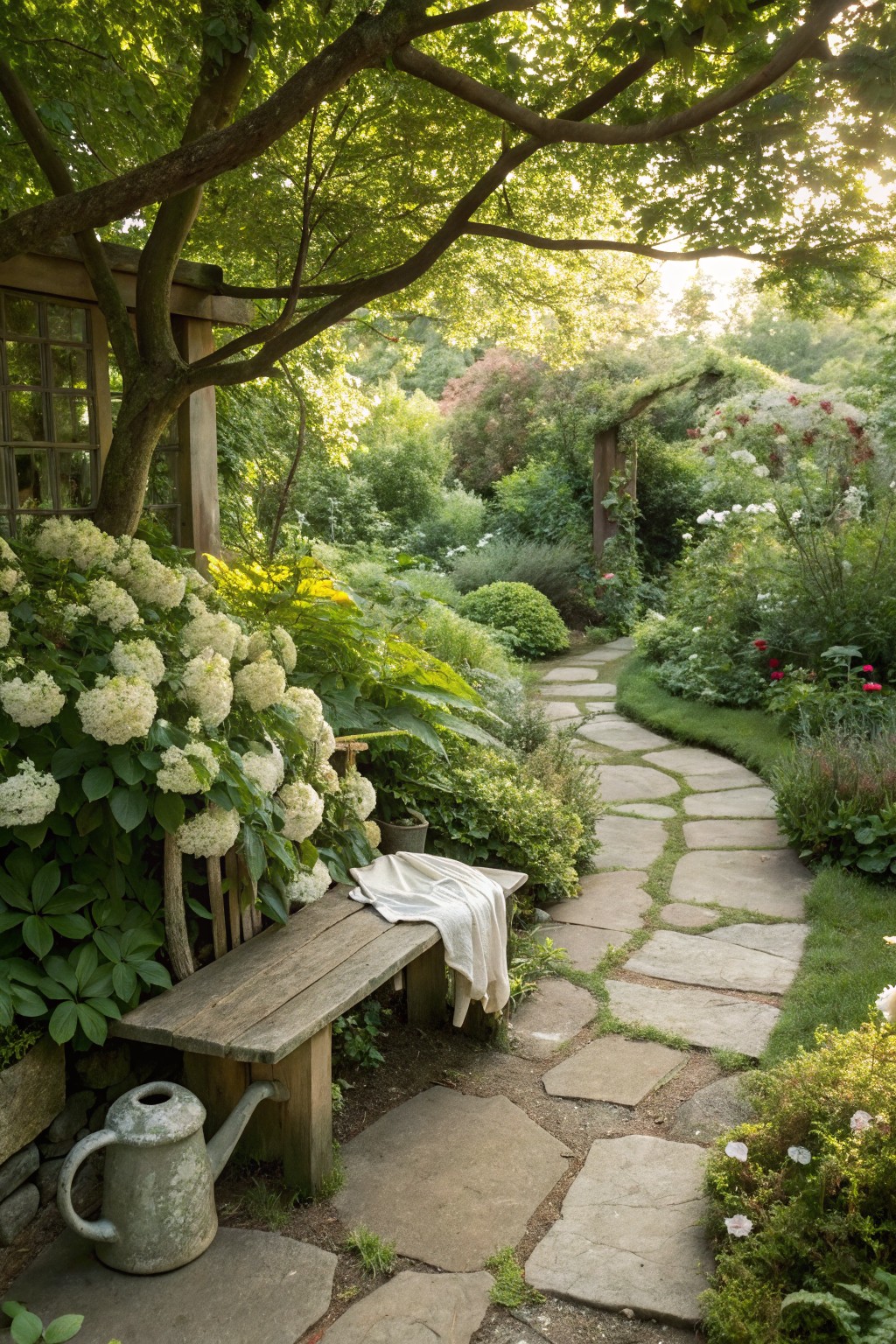 Winding flagstone path through a lush garden featuring large white hydrangea blooms, pink roses, green foliage, a wooden bench with a white blanket, and a rusty metal watering can next to stone walls under tree branches.