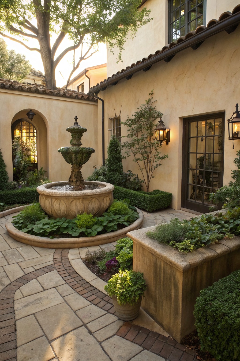 Stone fountain centered in a circular bed of broad-leafed hosta plants surrounded by boxwood shrubs, paver paths, and raised planters in a shaded stucco courtyard with arched doorways and lanterns.