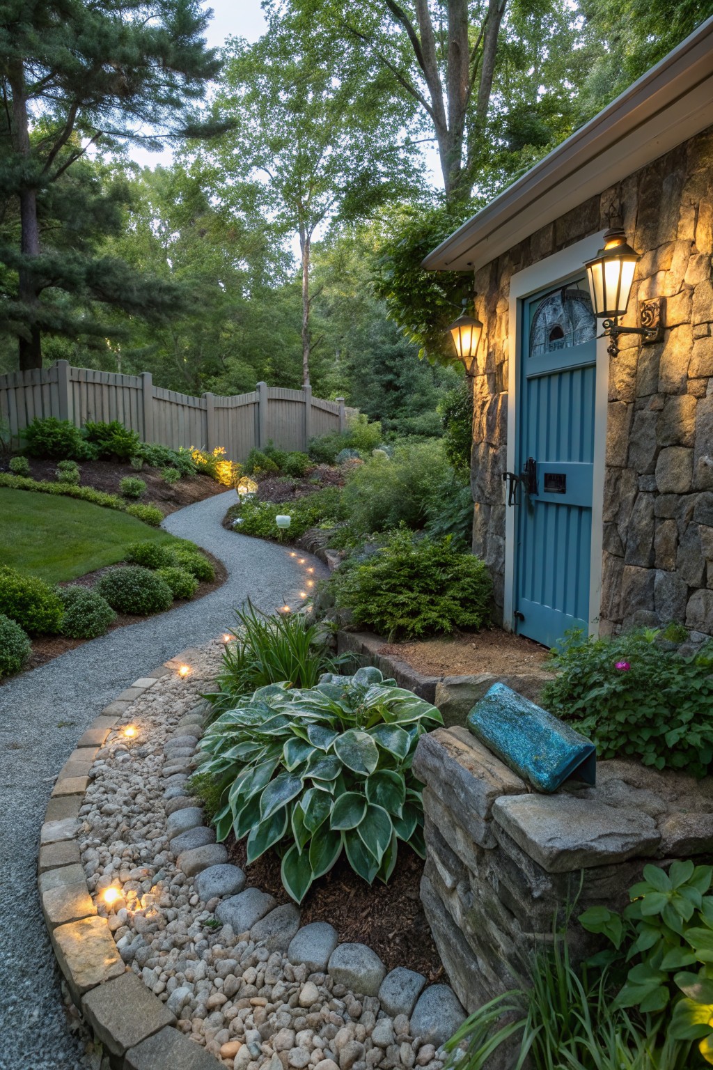 Winding gravel path lined with low lights and bordered by stone walls and hosta plants leads to a blue wooden door on a stone garden shed surrounded by greenery and trees.