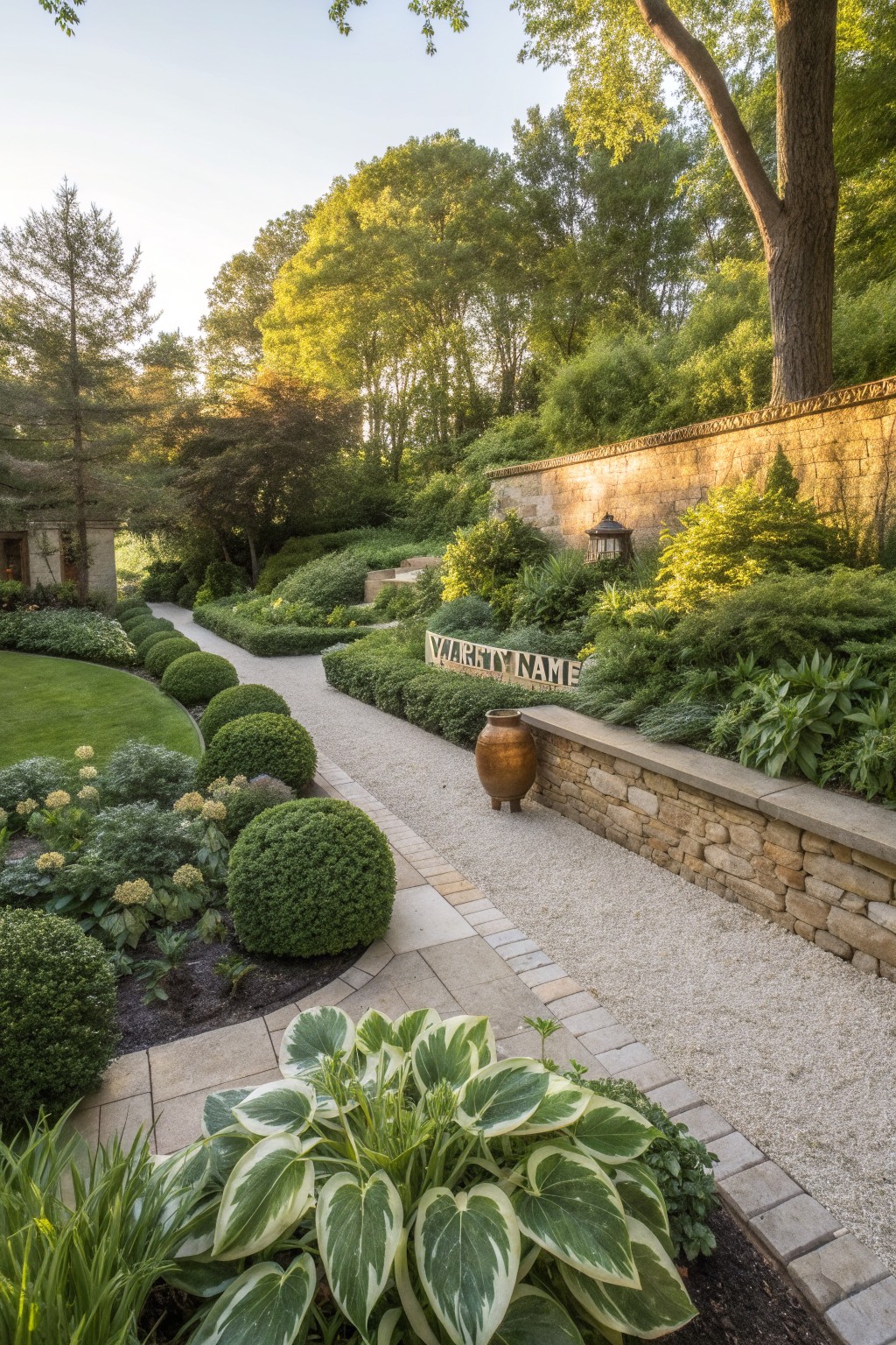 A gravel pathway curves through landscaped shade beds featuring variegated hostas, spherical boxwoods, hydrangeas, and perennials against a low stone retaining wall with a large terracotta pot, trees and greenery in the background.