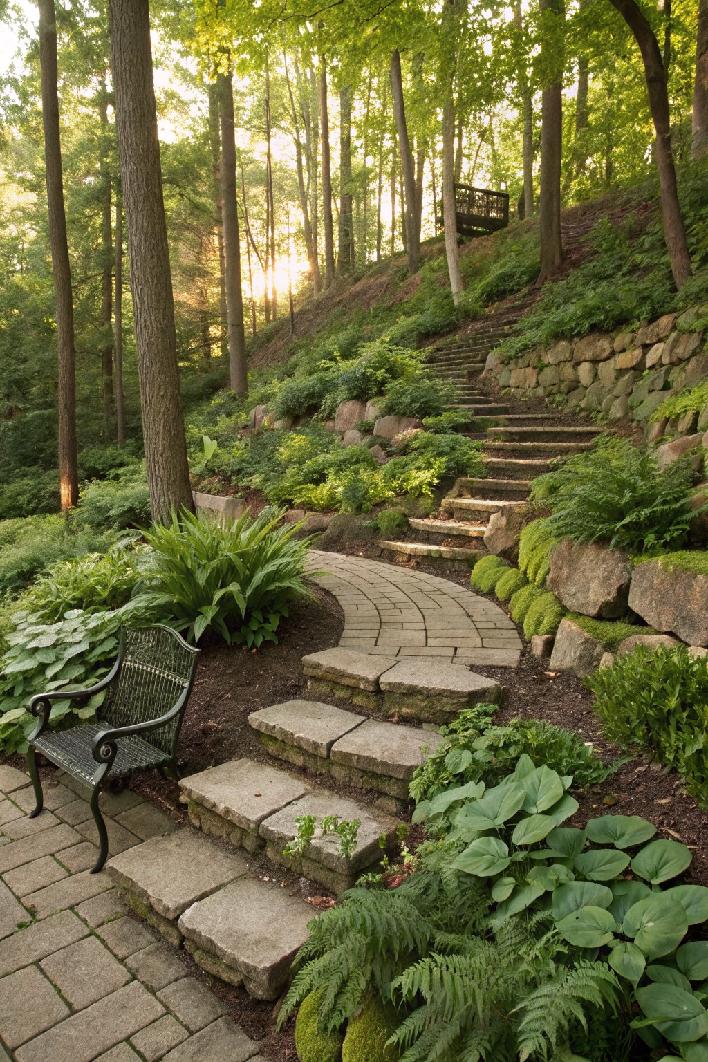 Stone steps and a curving brick path ascend a wooded hillside, edged by hostas, ferns, moss-covered rocks, and low plants, with a metal bench at the base among trees.