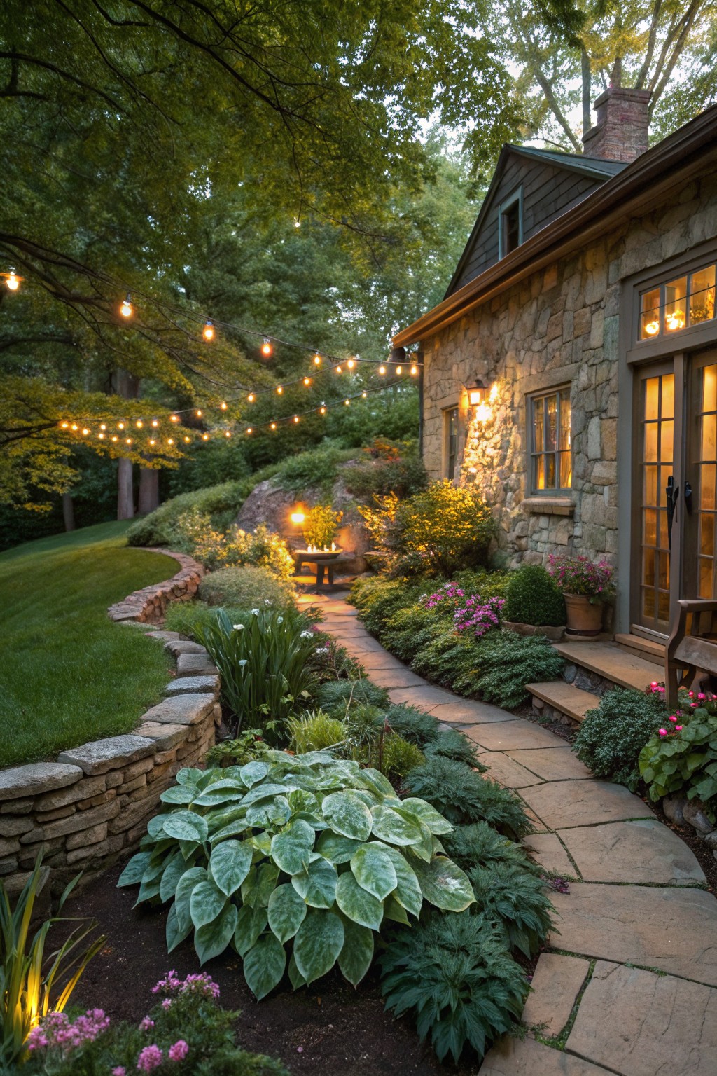 A curved stone path winds through garden beds planted with large variegated hosta leaves toward a stone house exterior, with string lights strung in overhead trees and lanterns along the way.