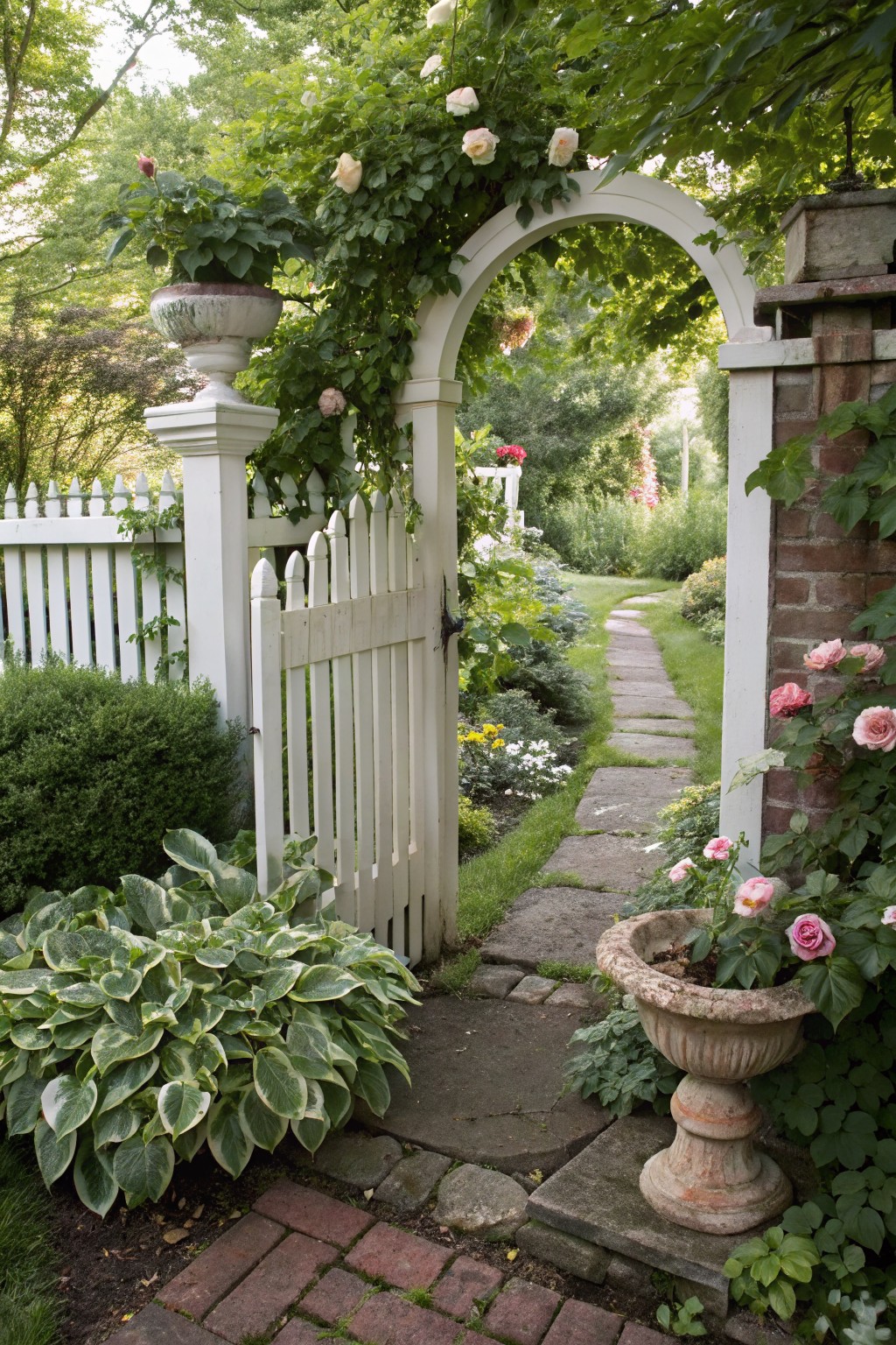 White picket gate open to a flagstone path winding through a shady garden, bordered by large variegated hosta plants, with a rose-covered archway and potted flowers nearby.