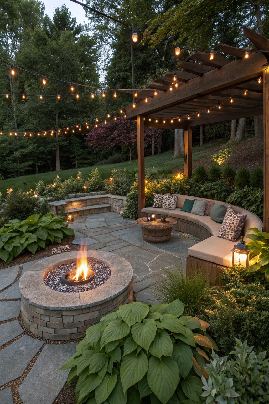 Stone paver patio featuring a circular gas fire pit surrounded by large hosta plants, curved built-in bench seating, wooden pergola with string lights, and additional shrubs in a wooded backyard at dusk.
