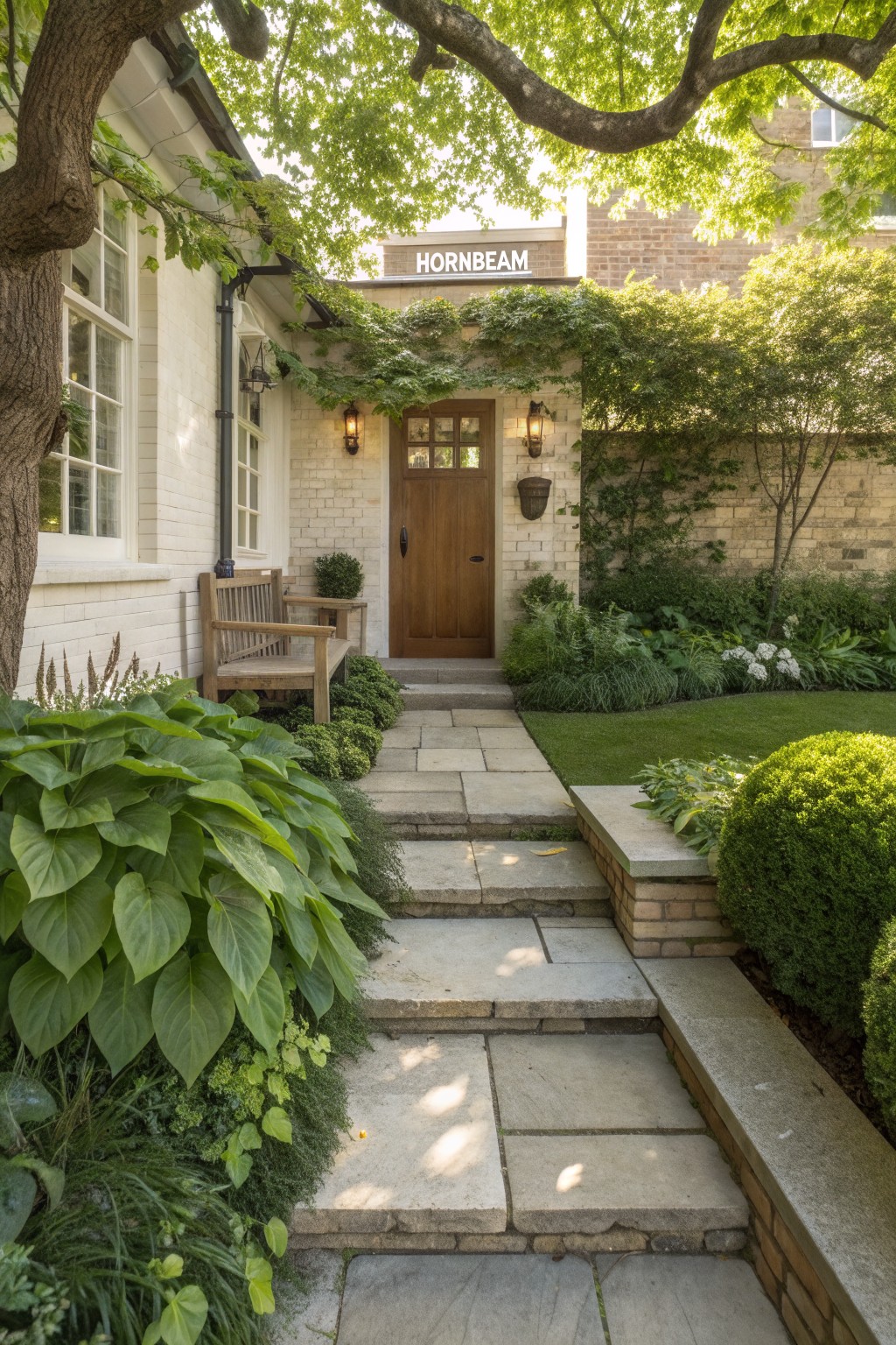 Stone pathway with steps bordered by large green hosta plants and other greenery leading up to a wooden front door on a white and brick house, with a wooden bench nearby.