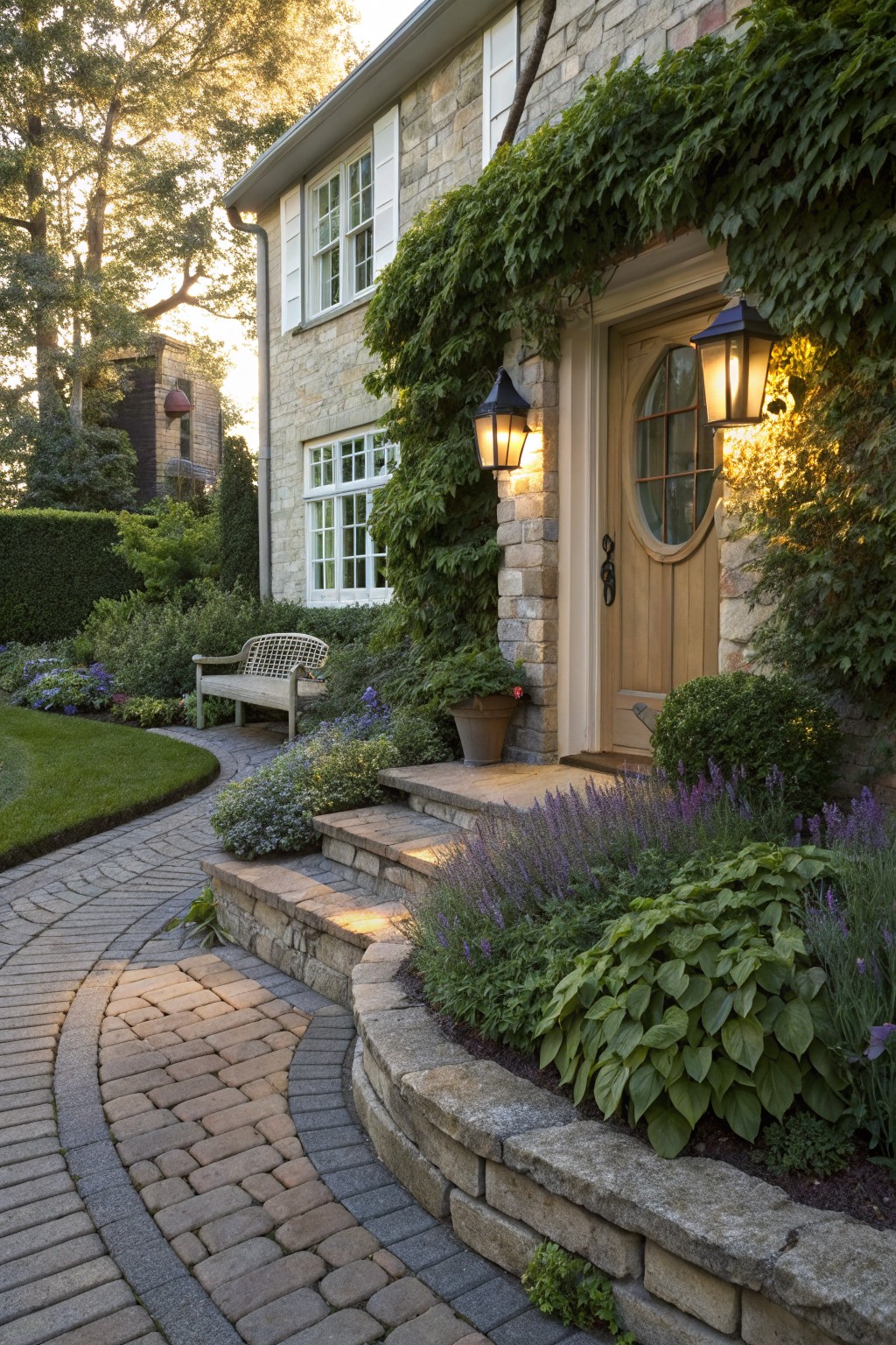 Stone house facade with ivy-covered walls, round-topped wooden entry door flanked by lanterns, curved brick pathway with stone retaining walls planted in hostas, lavender, and other perennials leading up steps.