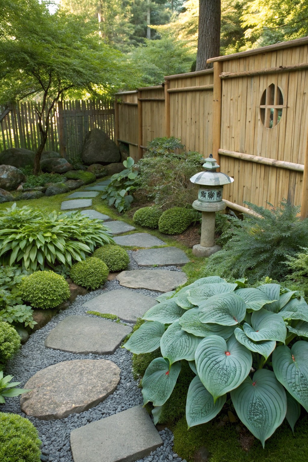 Shaded garden path of irregular gray stepping stones winding through beds of large green hosta leaves, moss, gravel, rounded shrubs, rocks, and a stone pagoda lantern next to bamboo fencing.