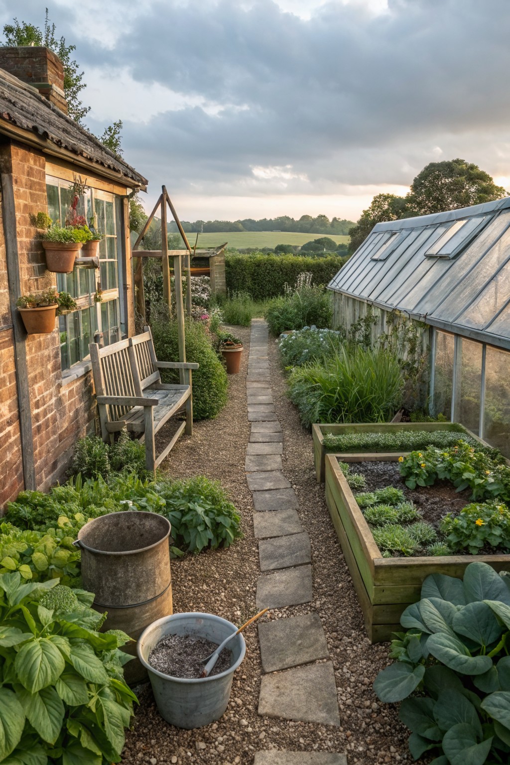 Gravel garden path edged by wooden raised beds with vegetables and greens, surrounded by perennials and pots next to a brick outbuilding with a bench and a greenhouse in the background.