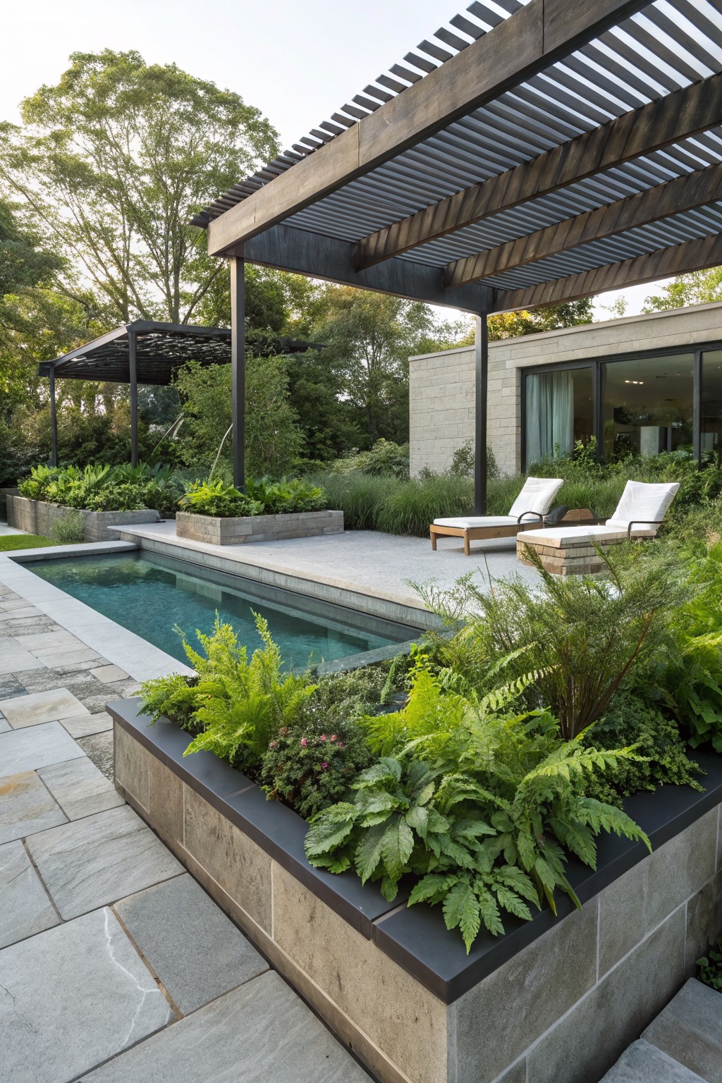 Narrow lap pool with turquoise water edged by gray stone raised planters overflowing with lush green ferns and plants, white lounge chairs on light gray stone decking, wooden pergola shades overhead, and a modern house with large windows in the background.