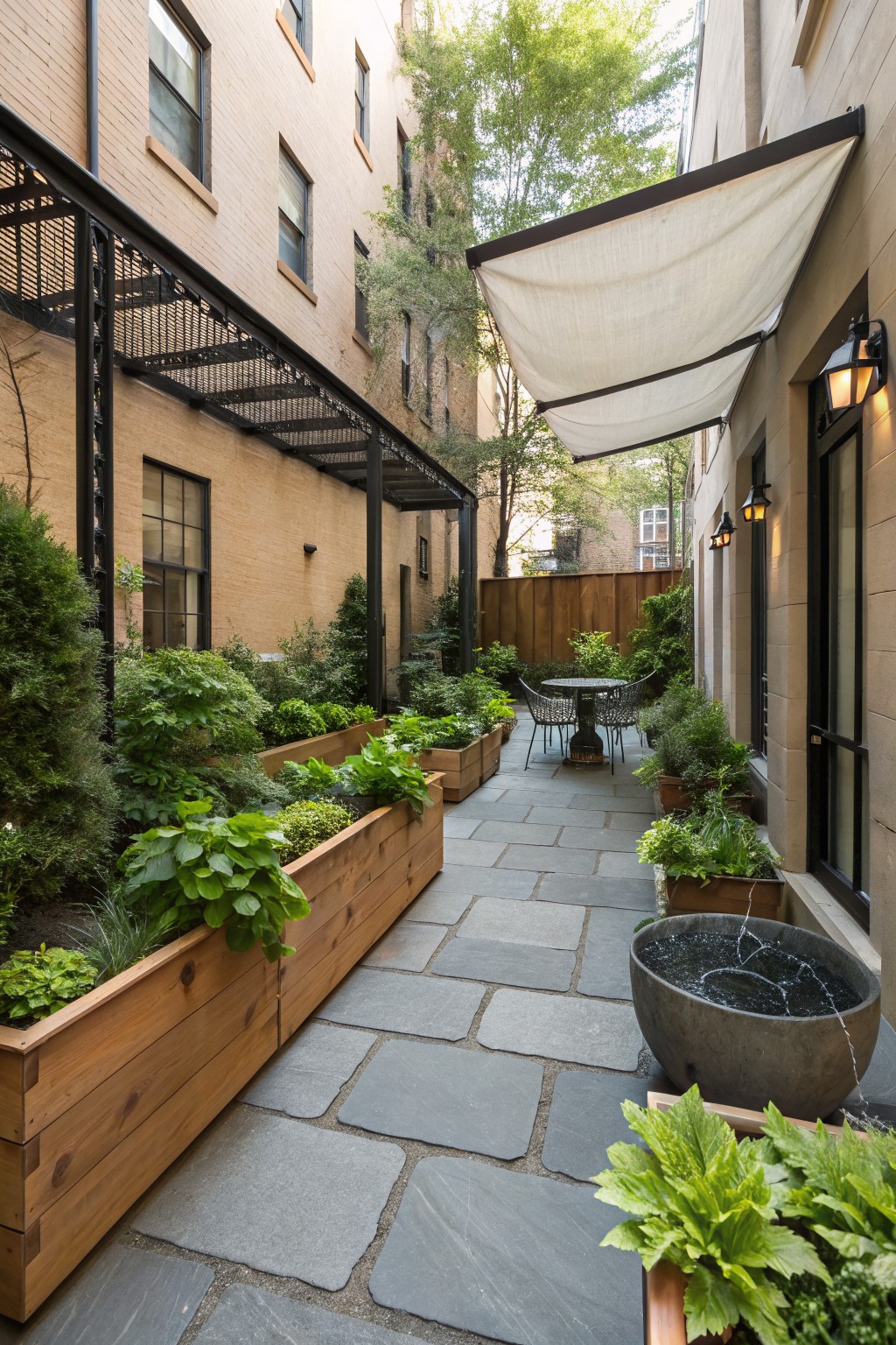 Narrow urban courtyard with brick walls and metal fire escapes, featuring raised wooden planters filled with lush green plants lining a slate stone path, a small metal table and chairs, potted plants, a stone fountain, trees, and a fabric shade canopy.