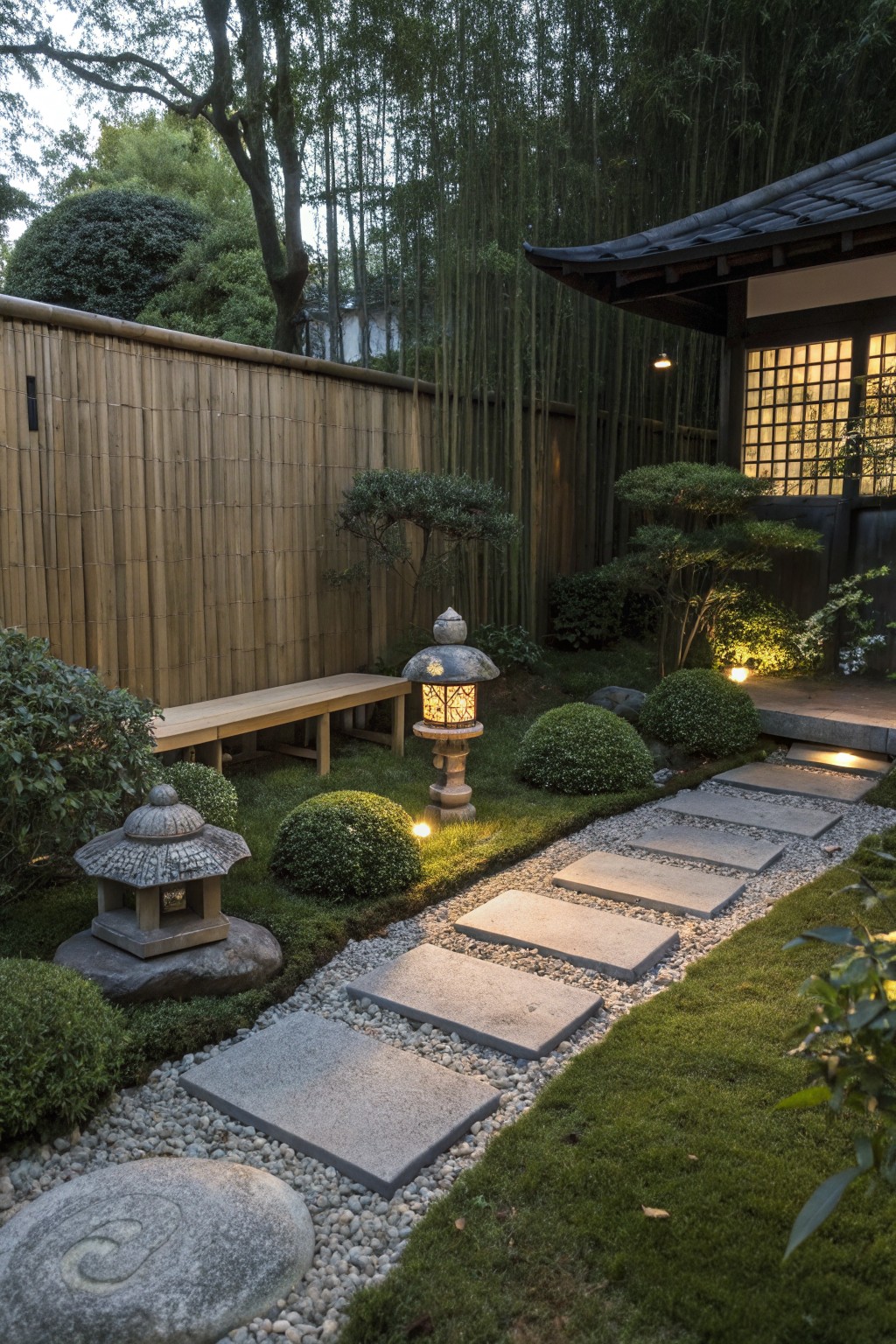 Shaded Japanese garden with irregular gray stone stepping slabs set in gravel and grass, flanked by stone lanterns, clipped shrubs, bamboo fence, and small trees leading to a dark traditional building.