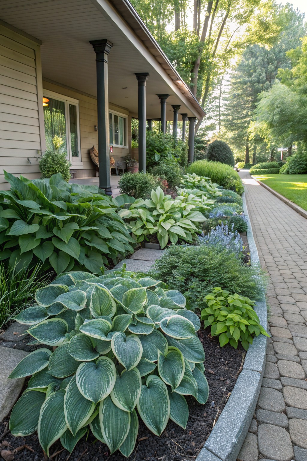 Beige house with covered porch and black columns beside a curved granite-edged planting bed filled with various green and variegated hosta plants along a brick paver walkway lined with shrubs and lawn.