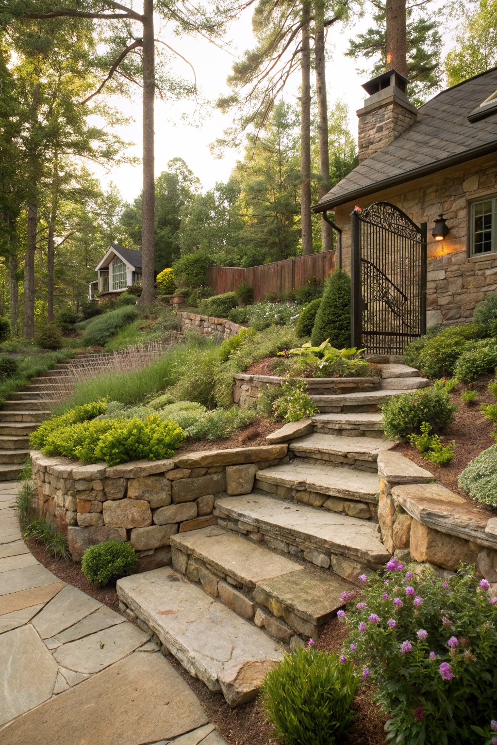 Stone steps with planted retaining walls ascending a wooded slope to a wrought iron gate on a stone house exterior surrounded by trees and greenery.