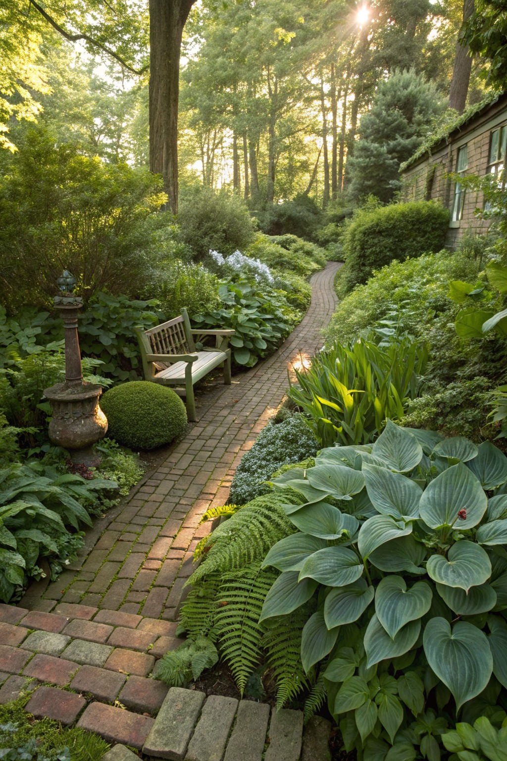 A curving red brick path winds through a lush shaded garden with large hosta leaves, ferns, boxwoods, and other green plants, featuring a wooden bench, stone lanterns, and sunlight filtering through trees.
