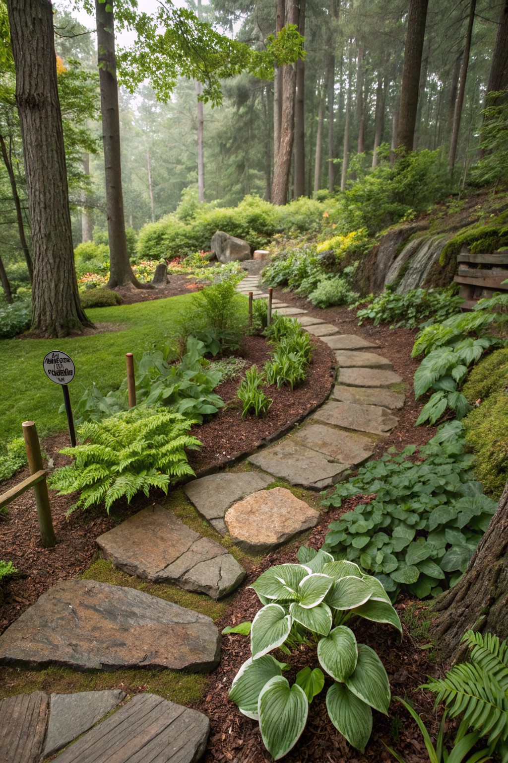 A curved flagstone path winds through a shaded woodland garden bed planted with hostas, ferns, and other green foliage, edged by mulch and rocks under tall trees.