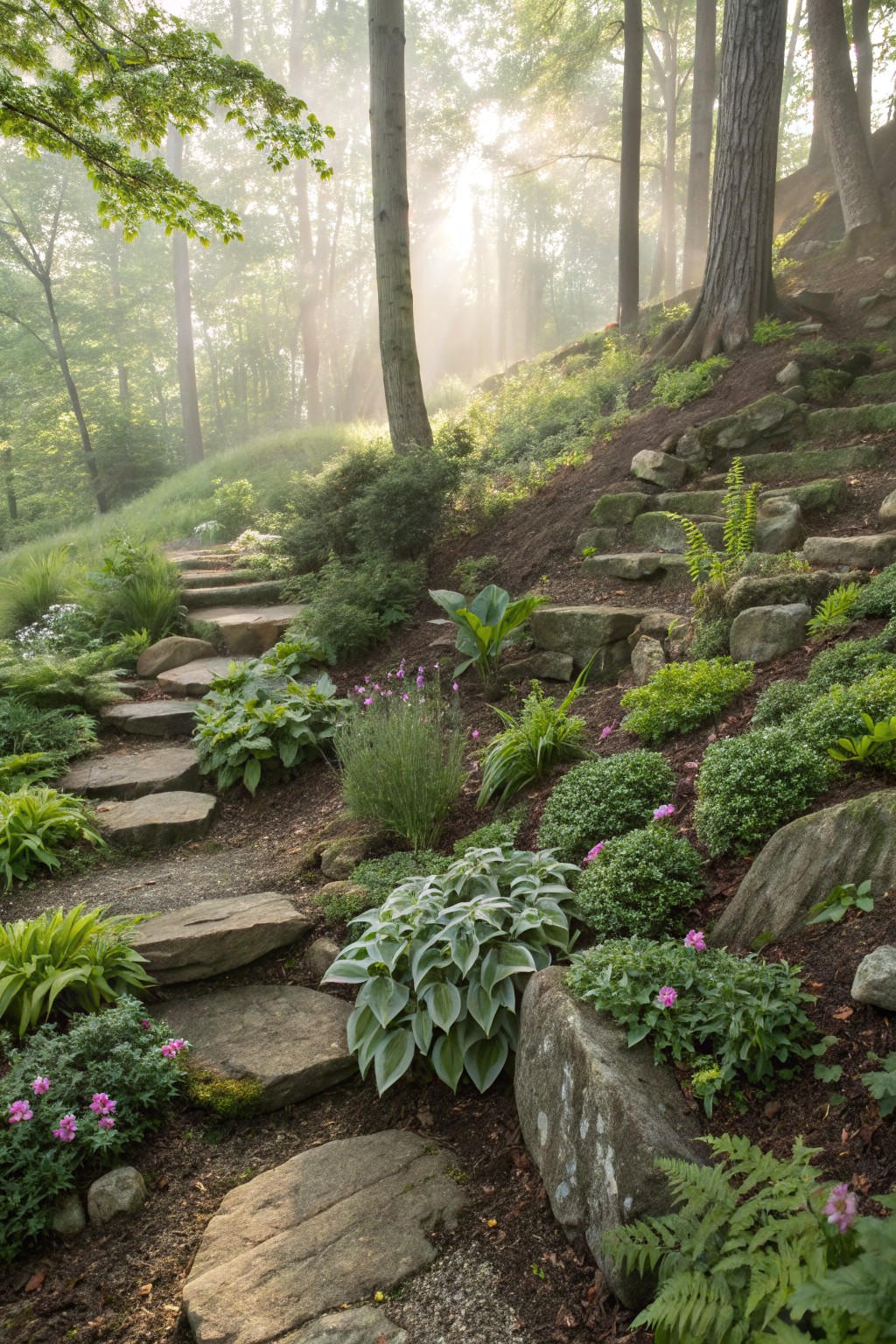 Irregular flat stone steps wind up a mossy, forested hillside lined with hostas, ferns, and green shrubs in dappled morning sunlight.