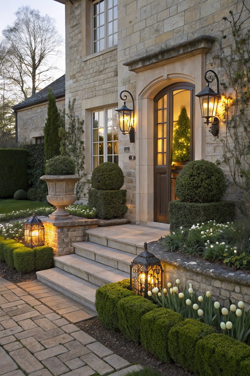 Stone house front entrance with arched double doors illuminated inside by a small Christmas tree, flanked by topiary boxwoods, urn planters, lanterns, and low flower beds of white tulips and daisies along steps and paved path.