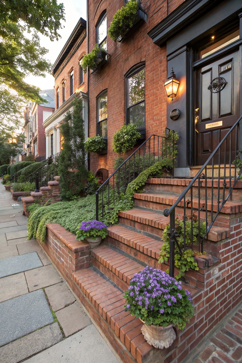 Red brick rowhouse front steps with black iron railings, purple flowering plants in terracotta pots on the steps, trailing greenery in brick-edged beds along the sidewalk, and potted plants on window boxes above.