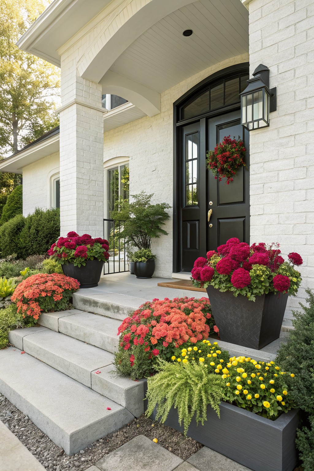 White brick house with black front door and arched entry, concrete steps lined with large black pots of red and orange flowers, plus smaller plantings and a wreath on the door.
