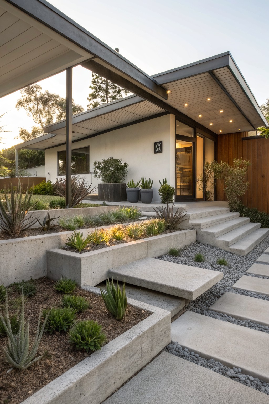 Modern house front with wide concrete steps that include integrated rectangular planters filled with agave, aloe, and grasses, gravel paths, and a wood-paneled entry door.