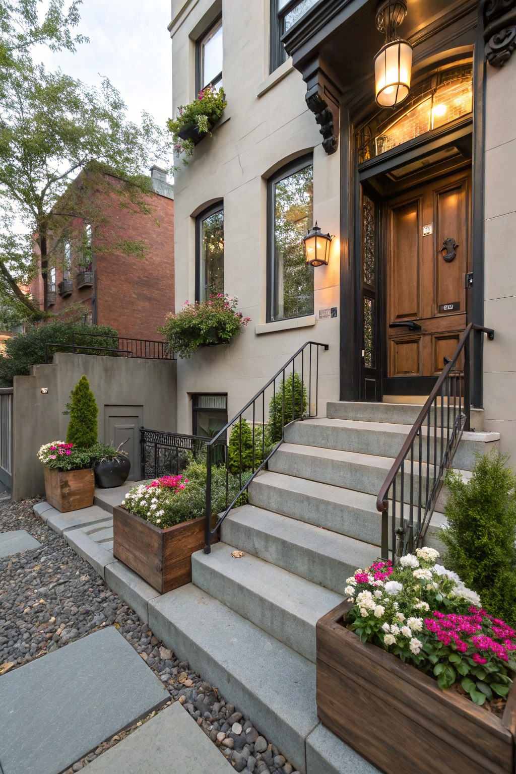 Townhouse front entrance featuring concrete steps to a wooden door, flanked by wooden planters with pink and white flowers, pebble path, and surrounding greenery.