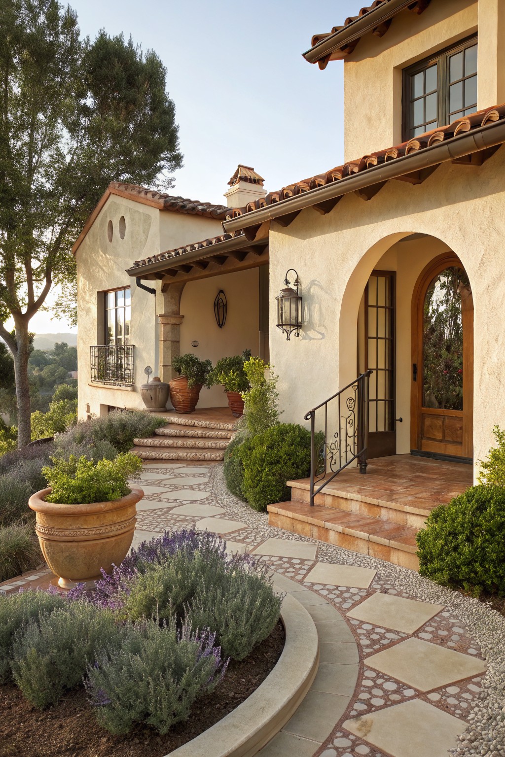 Beige stucco house with red tile roof and arched wooden door, front steps leading to porch, curved stone pathway edged by lavender shrubs and terracotta pots amid gravel and low plants.
