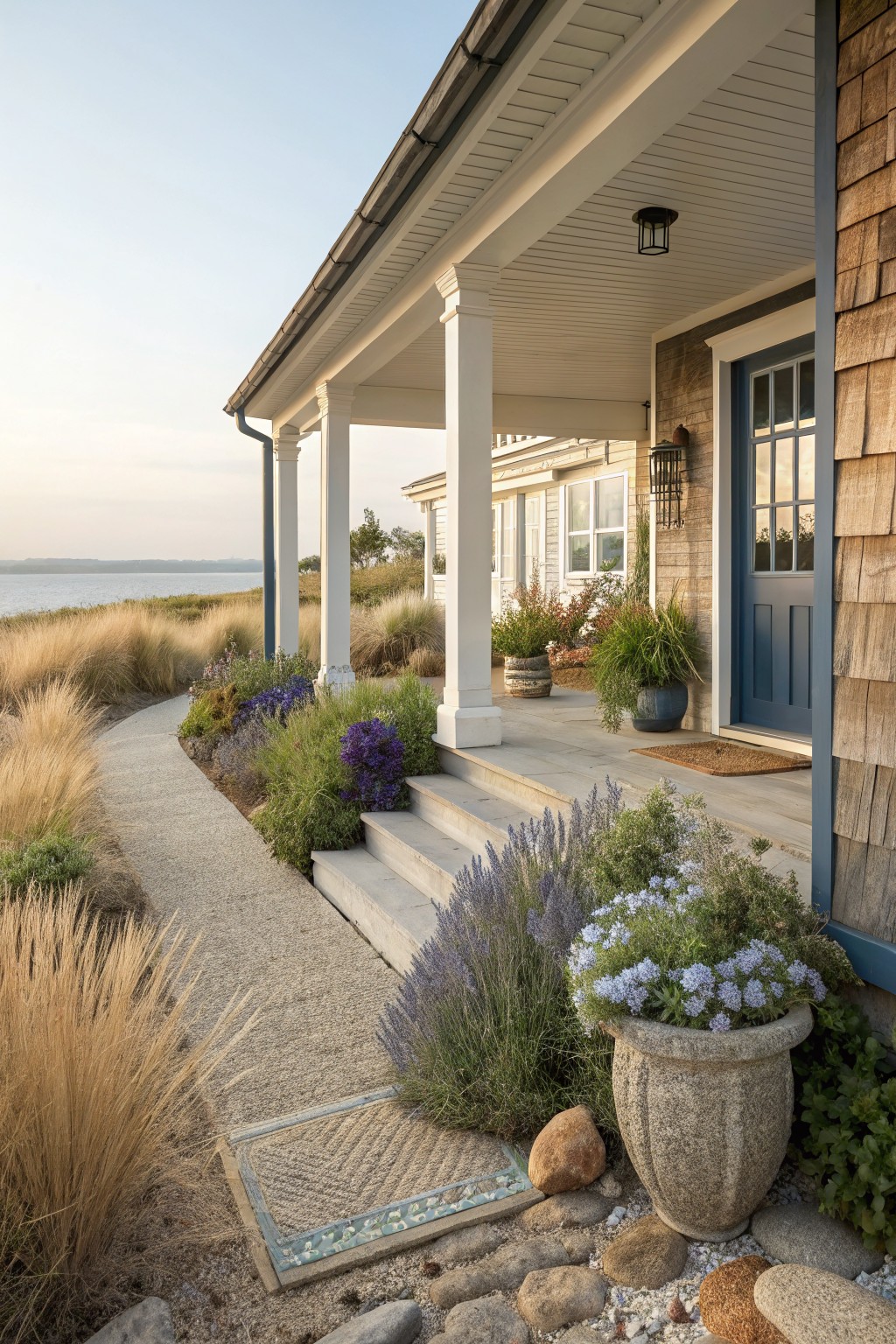 Gravel pathway edged with tall ornamental grasses, lavender shrubs, and potted flowers leading to the steps of a shingled house with white porch columns and blue front door, viewed from the side near beach dunes.