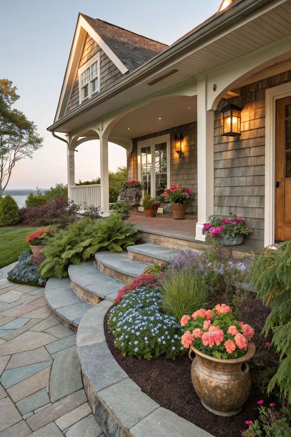 Curved bluestone steps with low stone retaining walls and densely planted flower beds containing ferns, grasses, colorful perennials, and a large bronze pot at the base, leading to a shingled house front porch.