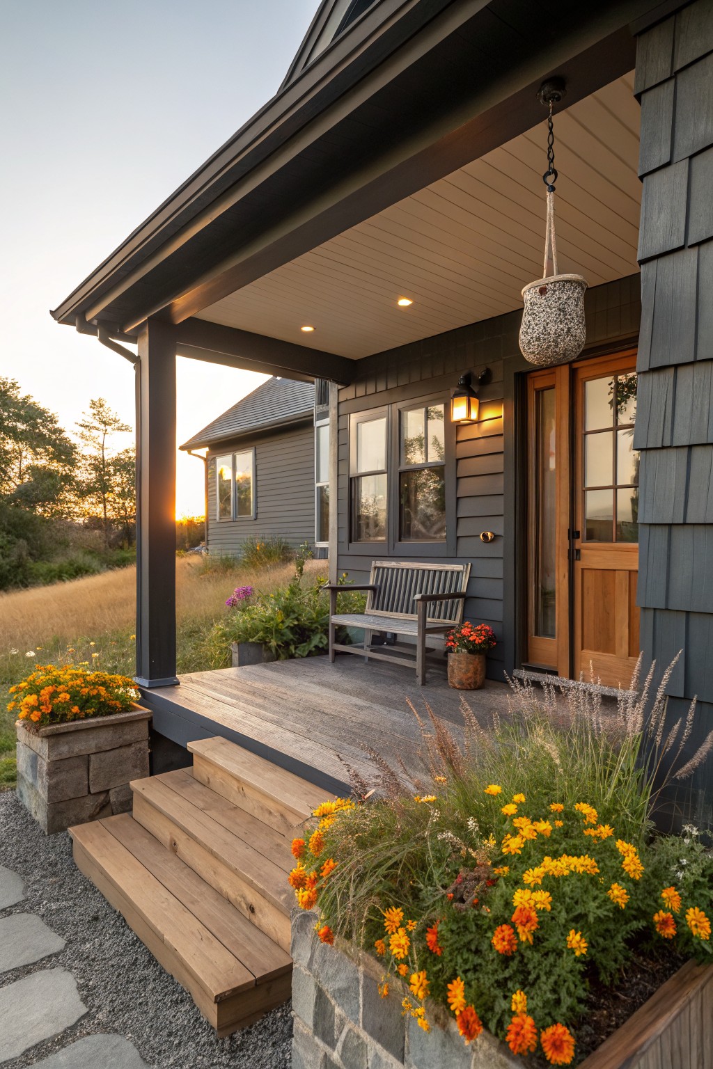 Gray shingled house front porch with wooden steps flanked by tall stone planters overflowing with orange marigold flowers, a wooden bench on the porch, potted plants, and a hanging basket from the ceiling.