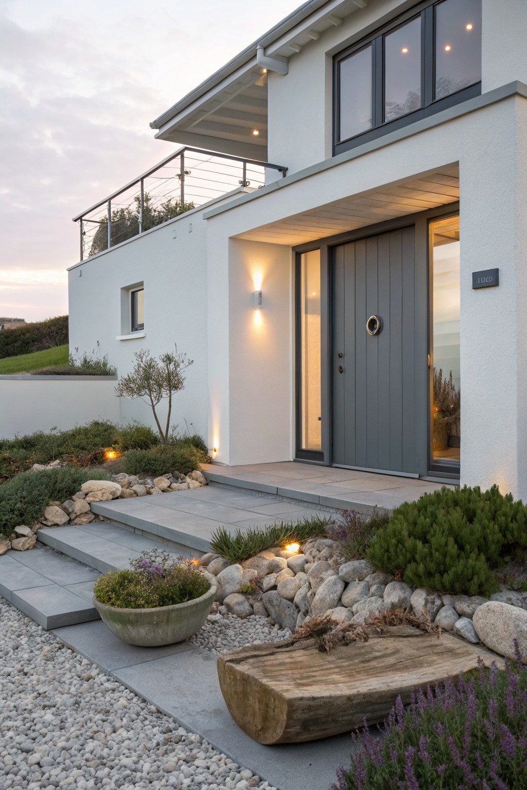White modern house exterior featuring a gray paneled front door, concrete entry steps surrounded by rock and gravel garden beds with shrubs, lavender, a large terracotta pot, and a driftwood log on a gravel path.