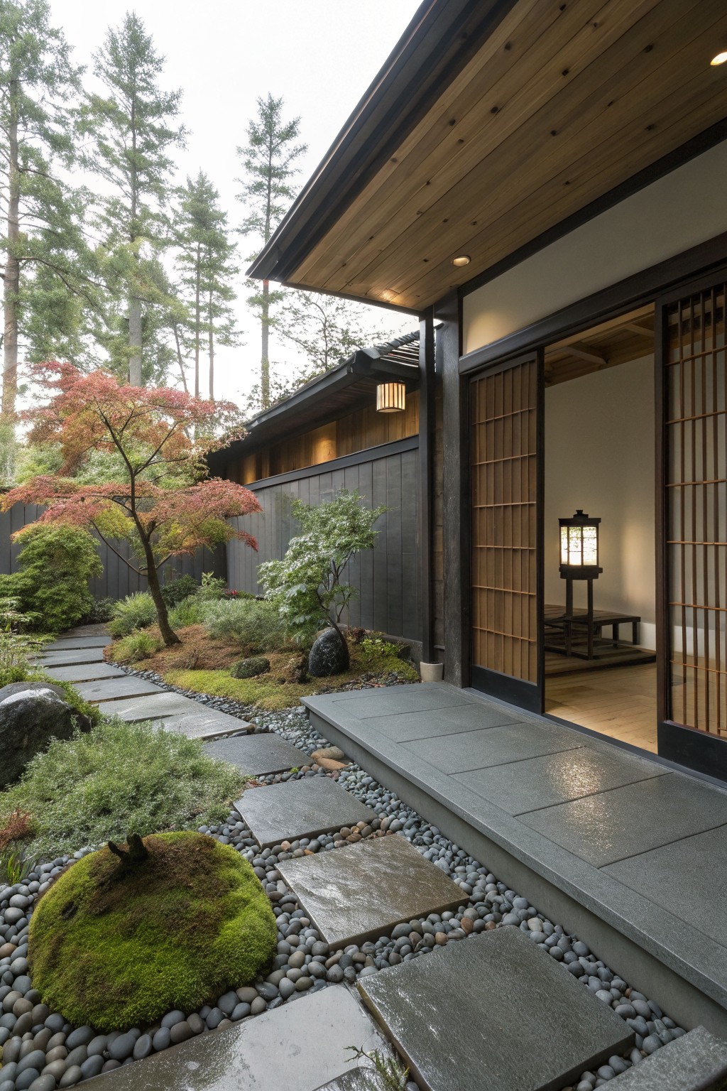 Japanese-style house exterior with open shoji screen doors, a gravel garden path of irregular stone slabs surrounded by moss mounds, boulders, low shrubs, and a red maple tree leading to the entry porch.