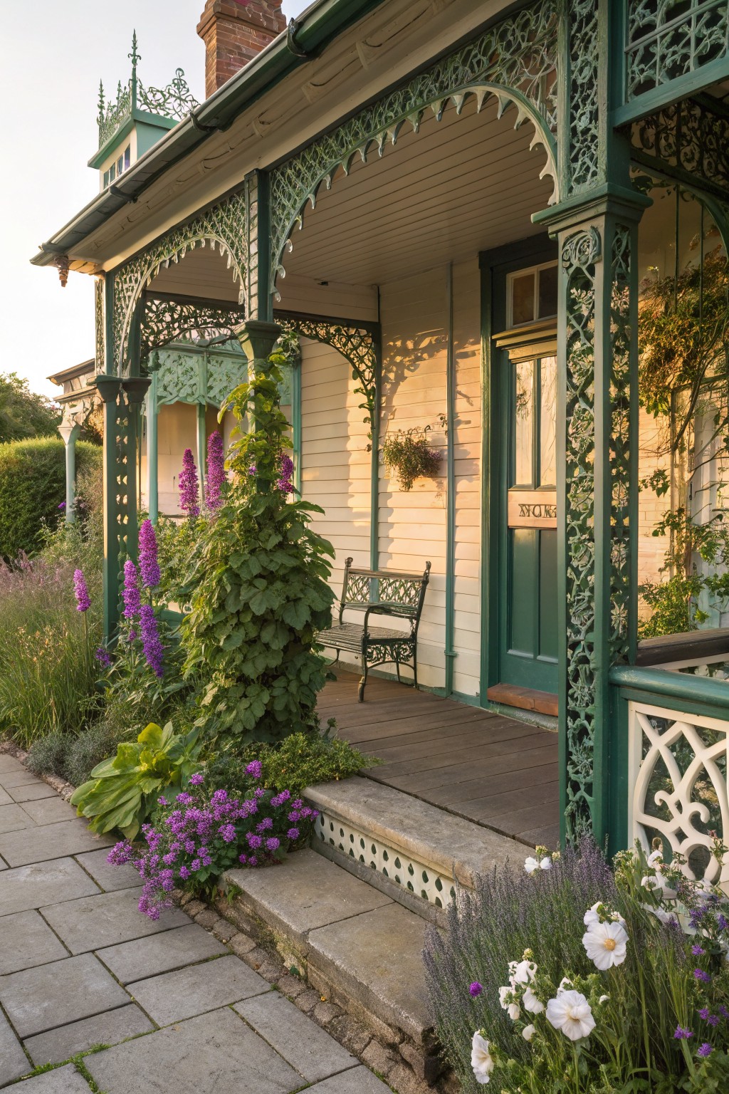 Green cast iron verandah on a white weatherboard house with tall purple foxglove spires, climbing vines on posts, lavender, hostas, and white flowers in layered beds along a stone path to the dark green front door.