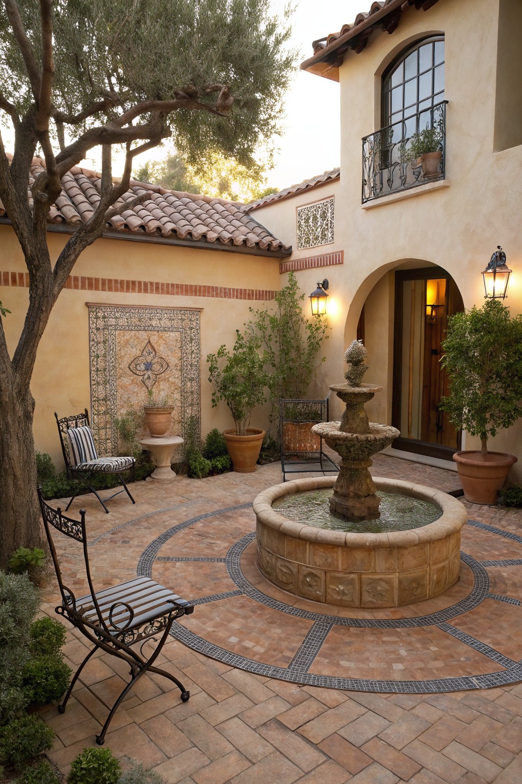 Mediterranean courtyard with circular terracotta paver patio centered on a stone fountain, flanked by wrought iron chairs, potted plants, tiled wall art, olive tree, and arched entry door to beige stucco house.