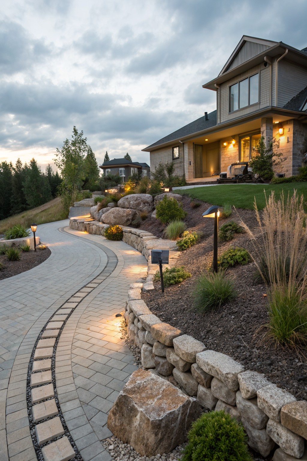 A curved gray paver pathway with gravel borders winds uphill alongside dry-stacked stone retaining walls, large boulders, ornamental grasses, shrubs, and landscape lights toward a shingled house on a grassy slope at dusk.