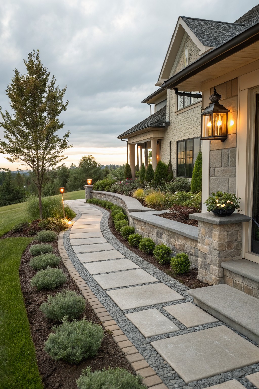 Curved walkway of large rectangular concrete pavers with gravel borders and low green shrubs leading to a beige stone house entrance, flanked by garden beds and landscape lights.